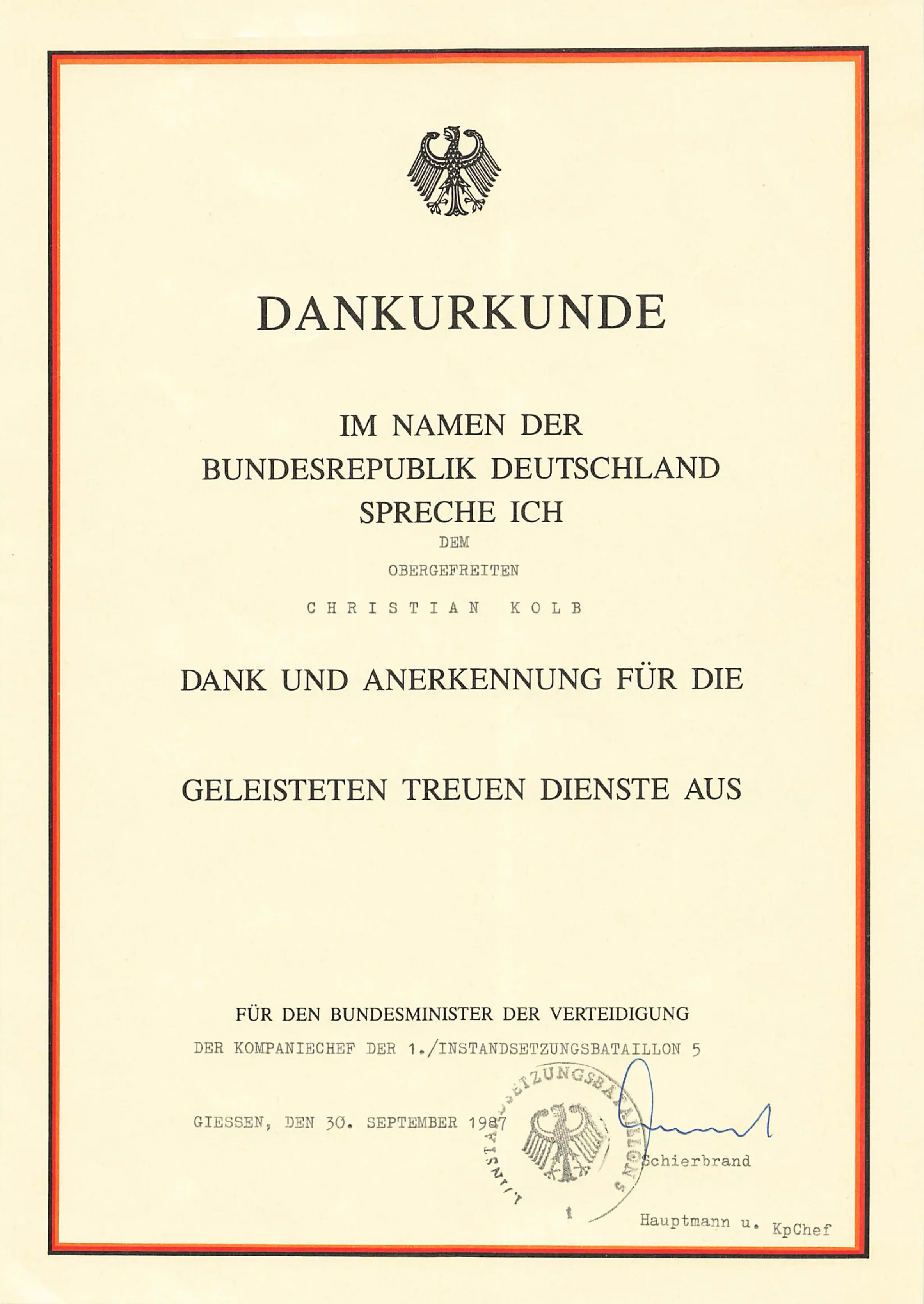 Dankurkunde Bundeswehr – Christian Kolb, 30.09.1987