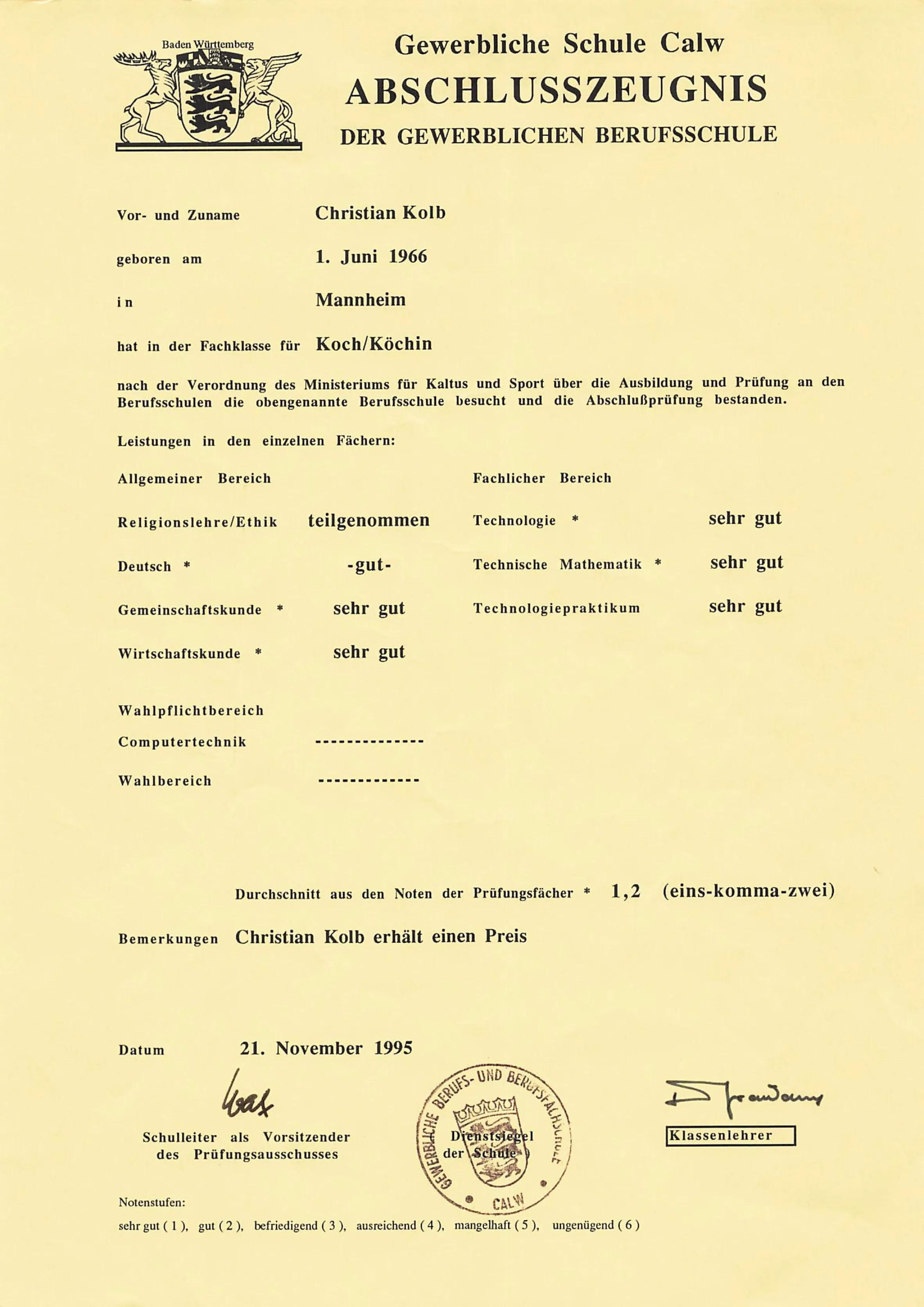 Abschlusszeugnis Berufsschule Calw – Christian Kolb, 21.11.1995