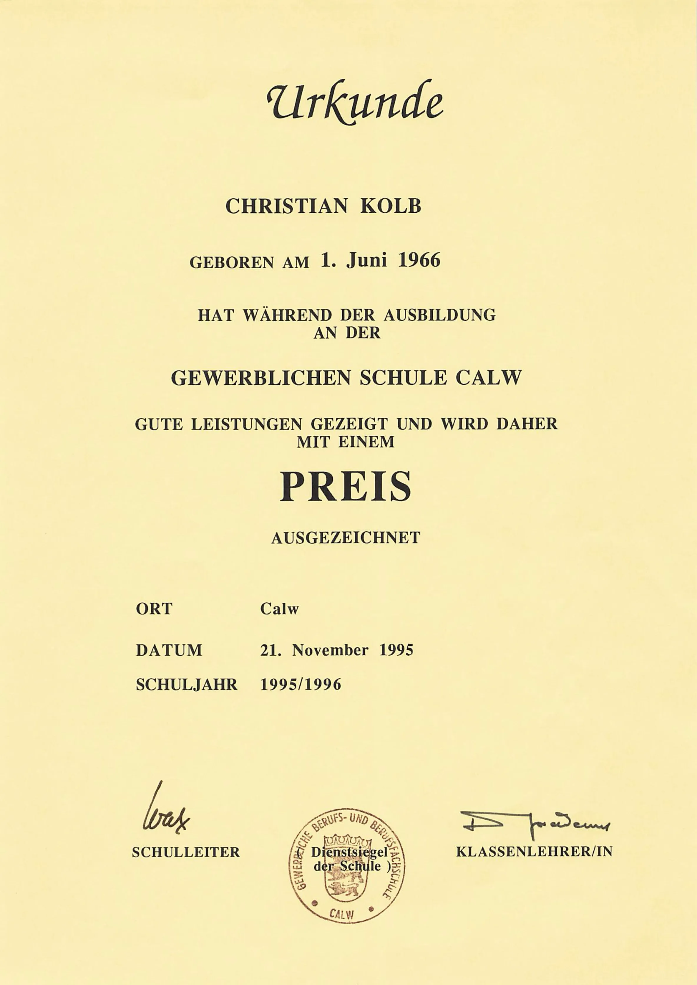 Urkunde Preis Gewerbliche Schule Calw – Christian Kolb, 21.11.1995