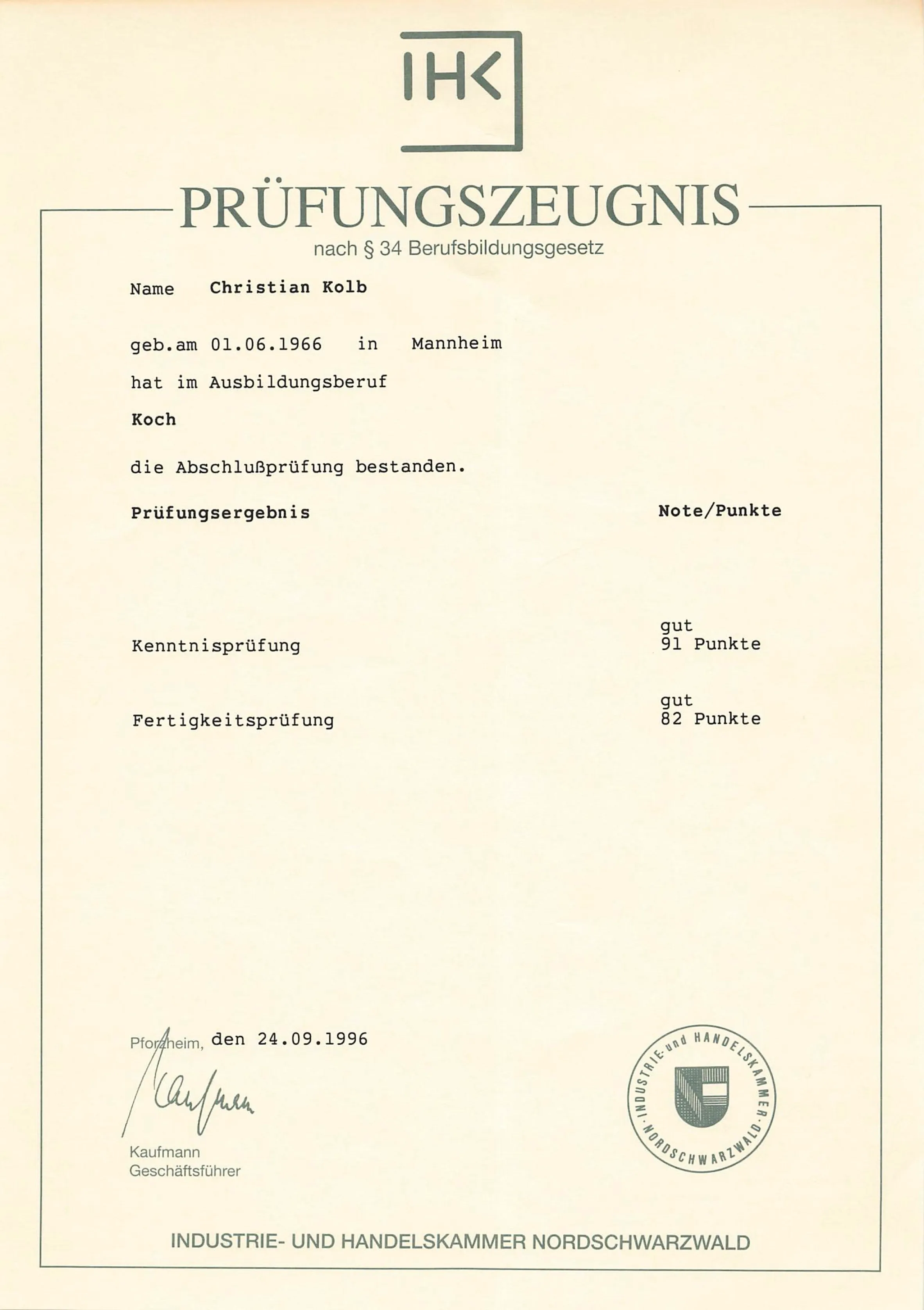 Prüfungszeugnis Koch – IHK Nordschwarzwald, Christian Kolb, 24.09.1996