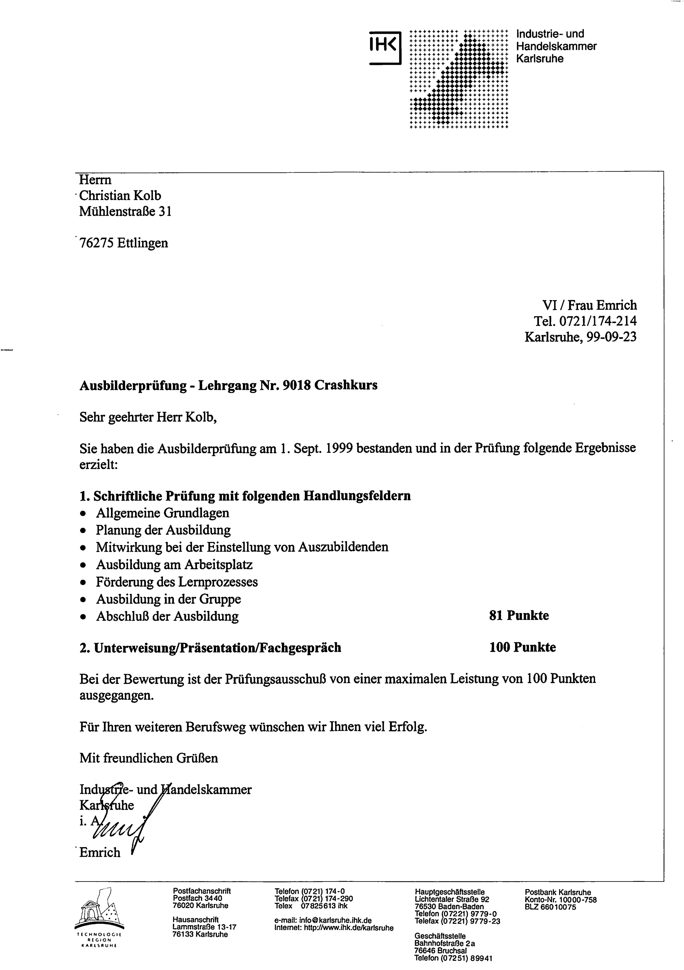 Ausbilderprüfung IHK Karlsruhe – Christian Kolb, 01.09.1999