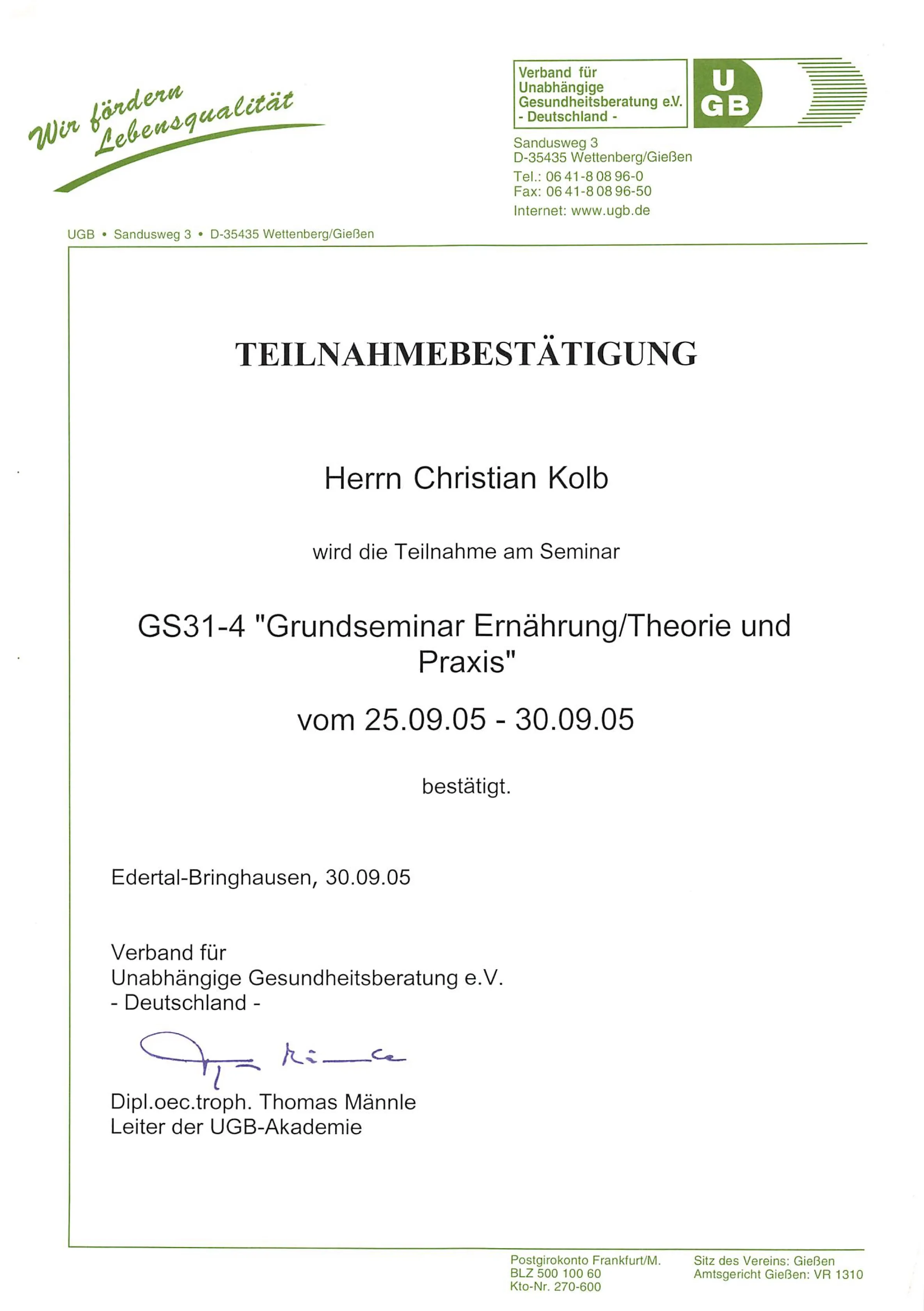 UGB Grundseminar Ernährung – Christian Kolb, 30.09.2005