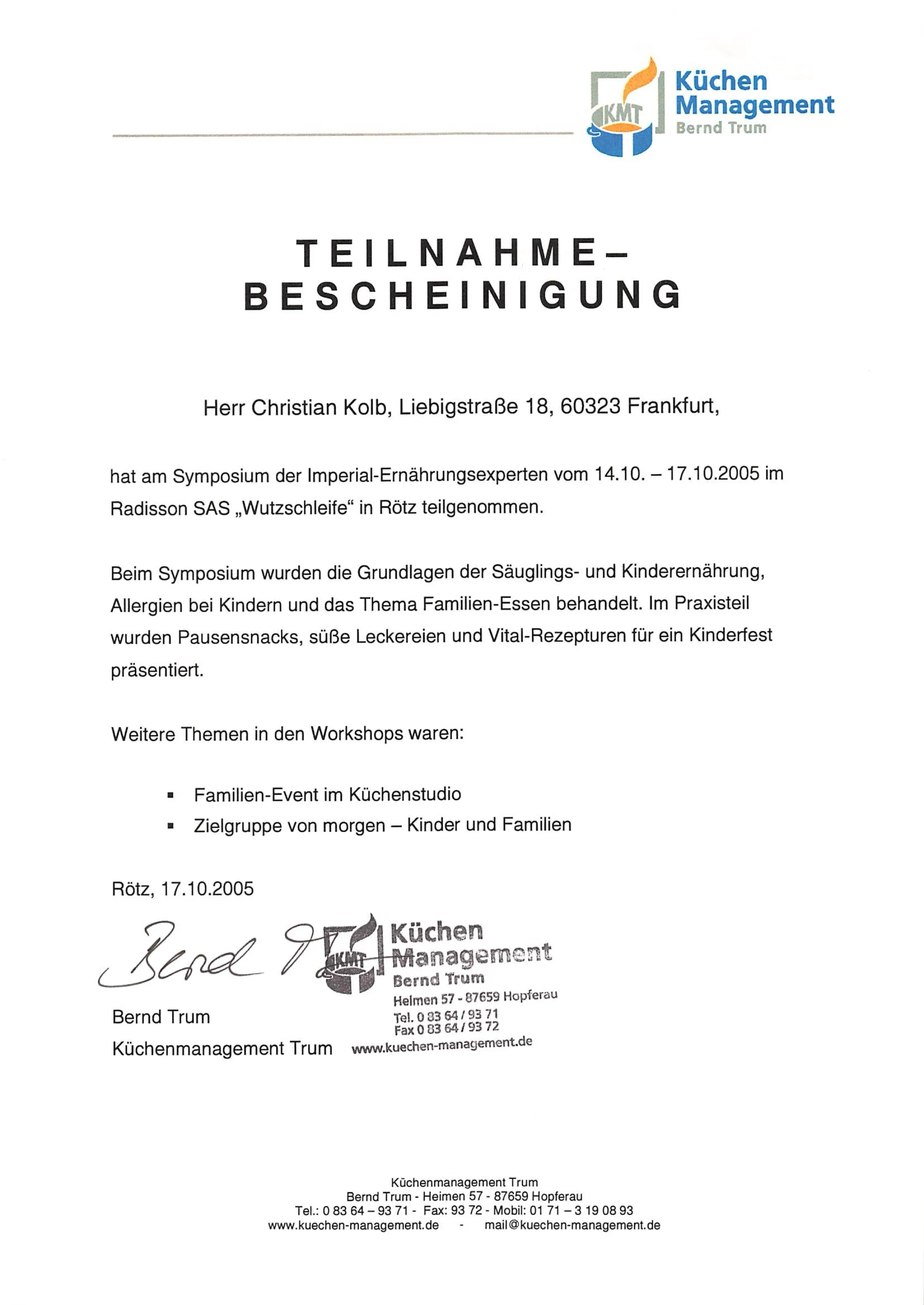 Kinderernährung & Küchenmanagement – Christian Kolb, 17.10.2005