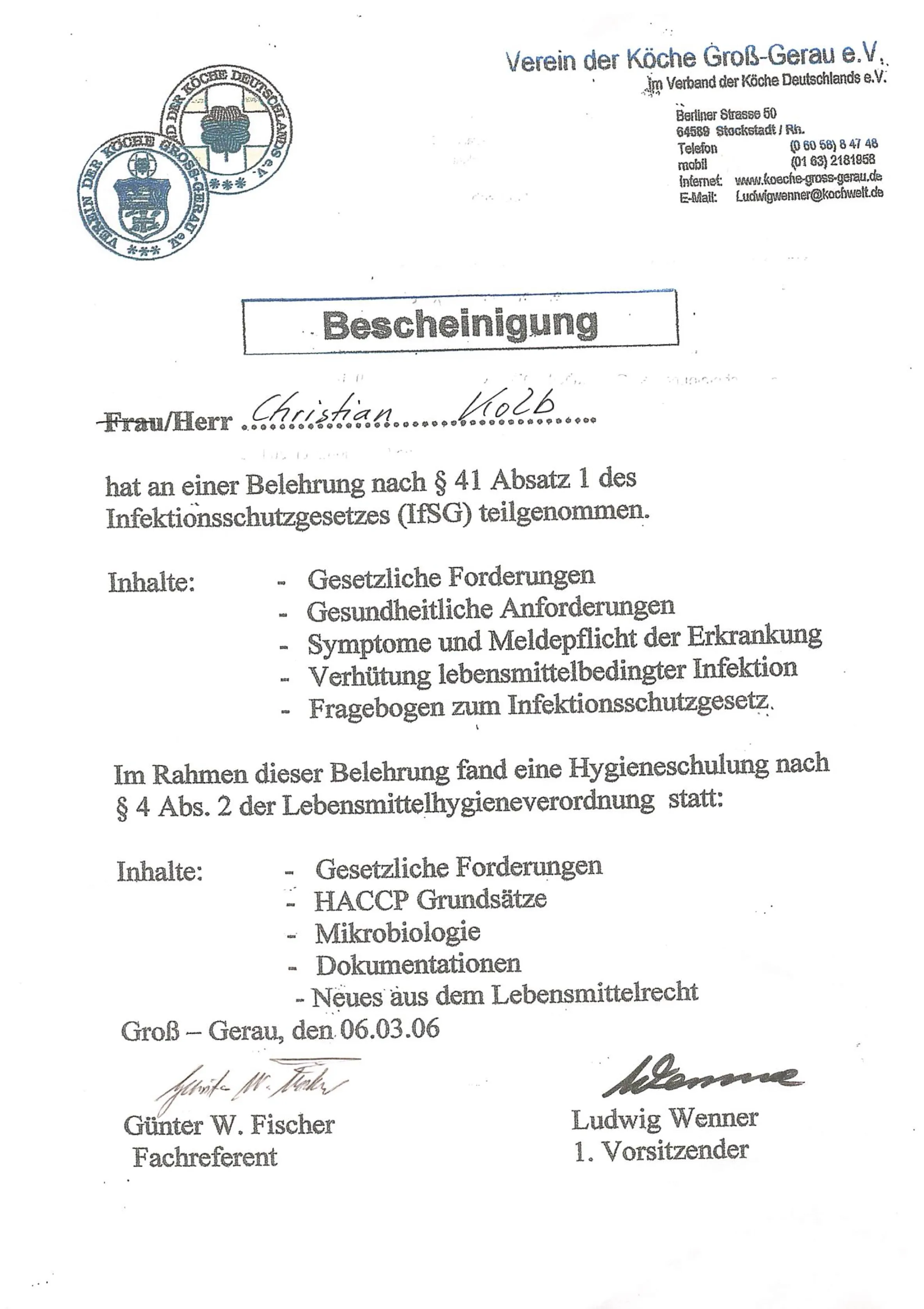 Lebensmittelhygiene & HACCP – Christian Kolb, 06.03.2006